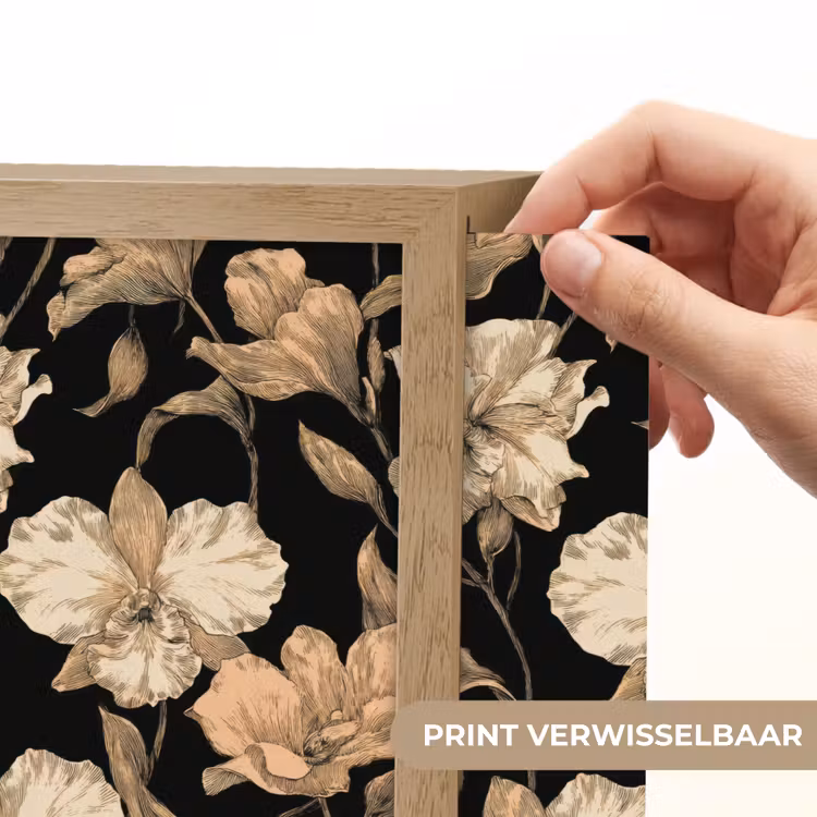 Orchideeën - Lijntekening - Patroon - Beige - Zwart Light Box met batterij (Wandlamp) middel 907 -USP_websiteprintNL
