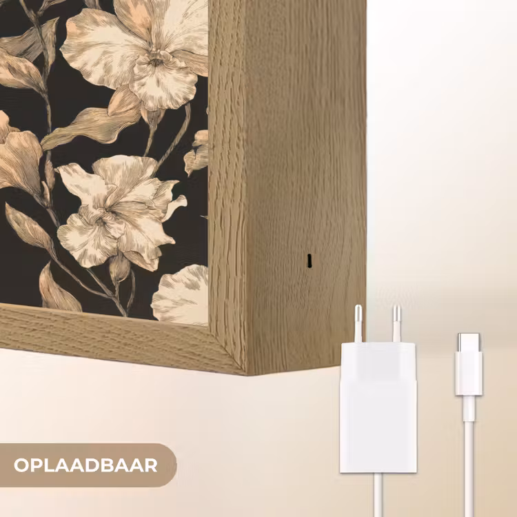 Orchideeën - Lijntekening - Patroon - Beige - Zwart Light Box met batterij (Wandlamp) middel 907 -USP_websiteoplaadbaarNL