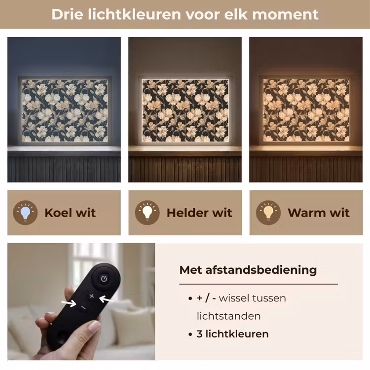 Orchideeën - Lijntekening - Patroon - Beige - Zwart Light Box met batterij (Wandlamp) middel 907 -USP_lichtkleurNL