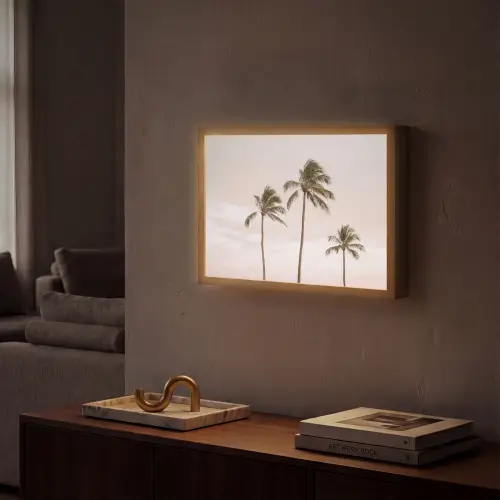 Palmbomen - Zonsondergang - Roze Light Box met batterij (Wandlamp) middel -sfeer1
