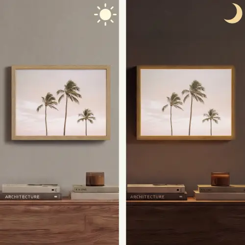 Palmbomen - Zonsondergang - Roze Light Box met batterij (Wandlamp) middel -sfeer3