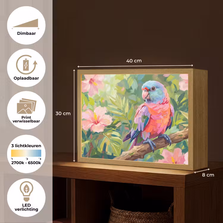 Papagaai - Hibiscusbloemen - Kleurrijk Light Box met batterij (Wandlamp) middel -USP_websiteoverzichtNL
