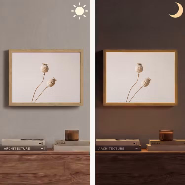Papaverbollen - Droogbloemen - Minimalistisch - Beige - Rustig Light Box met batterij (Wandlamp) middel -sfeer3