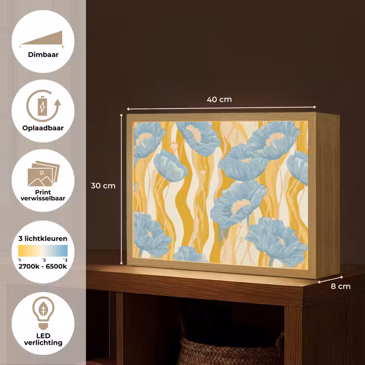 Papavers - Botanisch - Blauw Light Box met batterij (Wandlamp) middel 907 -USP_websiteoverzichtNL