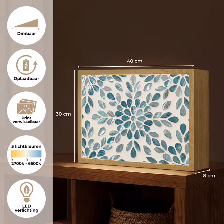 Patroon - Bladeren - Abstract - Modern - Turquoise Light Box met batterij (Wandlamp) middel -USP_websiteoverzichtNL