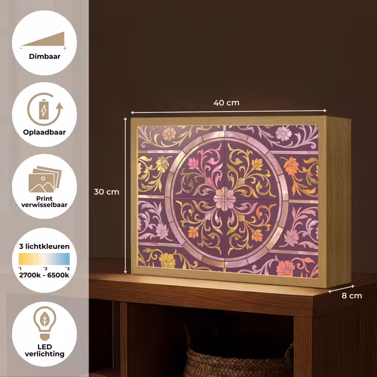 Patroon - Floraal - Oosters - Paars - Goud Light Box met batterij (Wandlamp) middel -USP_websiteoverzichtNL