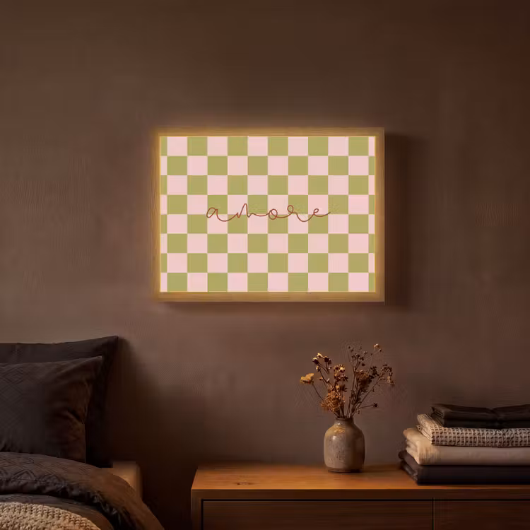 Patroon - Geblokt - Olijfgroen - Amore Light Box met batterij (Wandlamp) middel -sfeer4