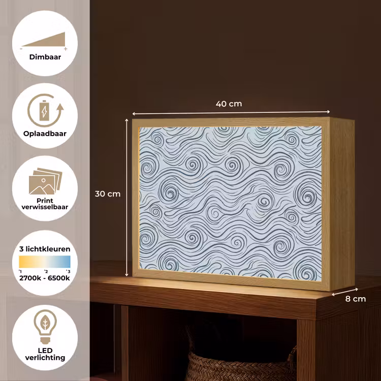 Patroon - Golven - Abstract - Modern - Blauw Light Box met batterij (Wandlamp) middel -USP_websiteoverzichtNL