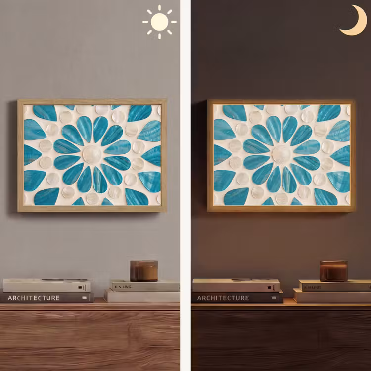 Patroon - Mozaïek - Schelpen - Abstract - Turquoise Light Box met batterij (Wandlamp) middel -sfeer3
