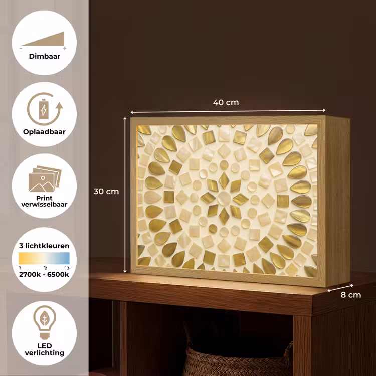 Patroon - Vormen - Mozaïek - Abstract - Goud Light Box met batterij (Wandlamp) middel -USP_websiteoverzichtNL