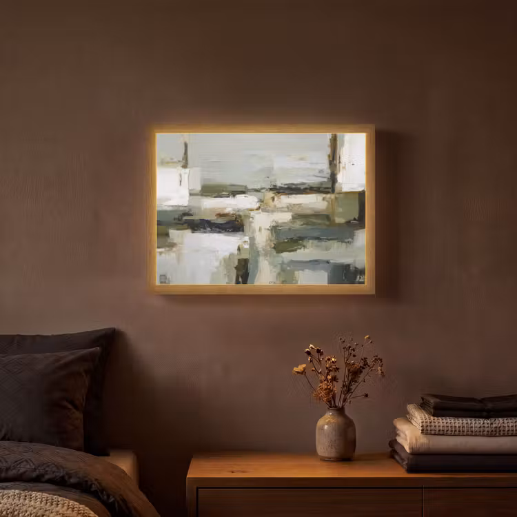 Penseelstreken - Groen - Abstract - Japandi Light Box met batterij (Wandlamp) middel -sfeer4