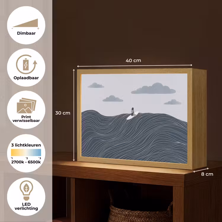 Persoon - Surfen - Oceaan - Natuur - Modern Light Box met batterij (Wandlamp) middel -USP_websiteoverzichtNL