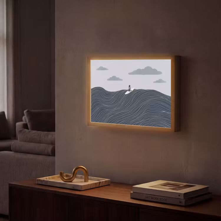 Persoon - Surfen - Oceaan - Natuur - Modern Light Box met batterij (Wandlamp) middel -sfeer1