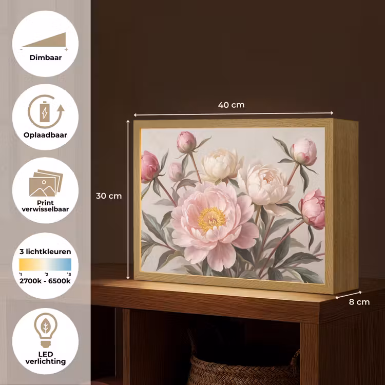 Pioenrozen - Boeket - Roze Light Box met batterij (Wandlamp) middel -USP_websiteoverzichtNL