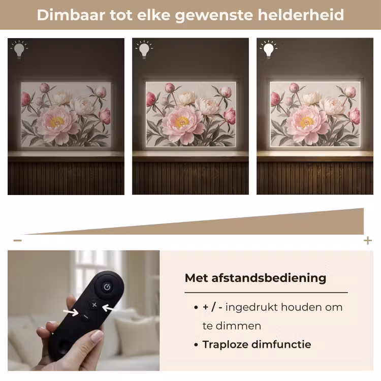 Pioenrozen - Boeket - Roze Light Box met batterij (Wandlamp) middel -USP_dimbaarNL