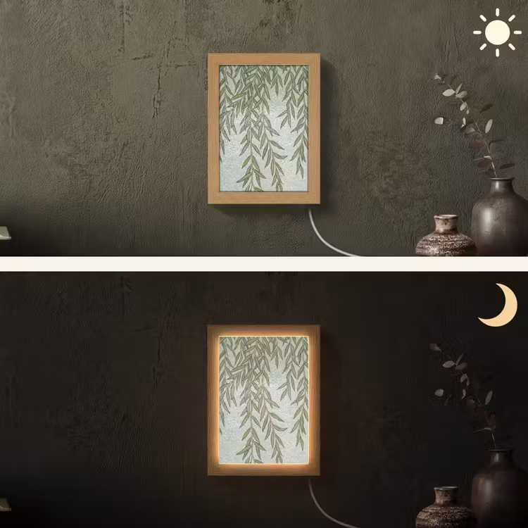 Planten - Mozaïek - Patroon - Groen - Blauw Light Box met kabel (Wandlamp) klein -sfeer3