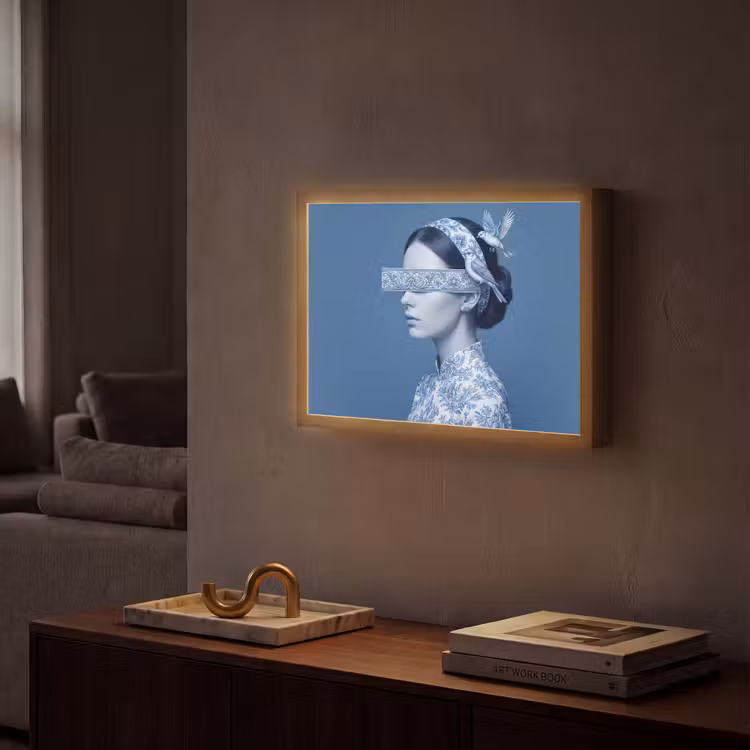 Portret - Klassiek - Wit - Blauw Light Box met batterij (Wandlamp) middel -sfeer1