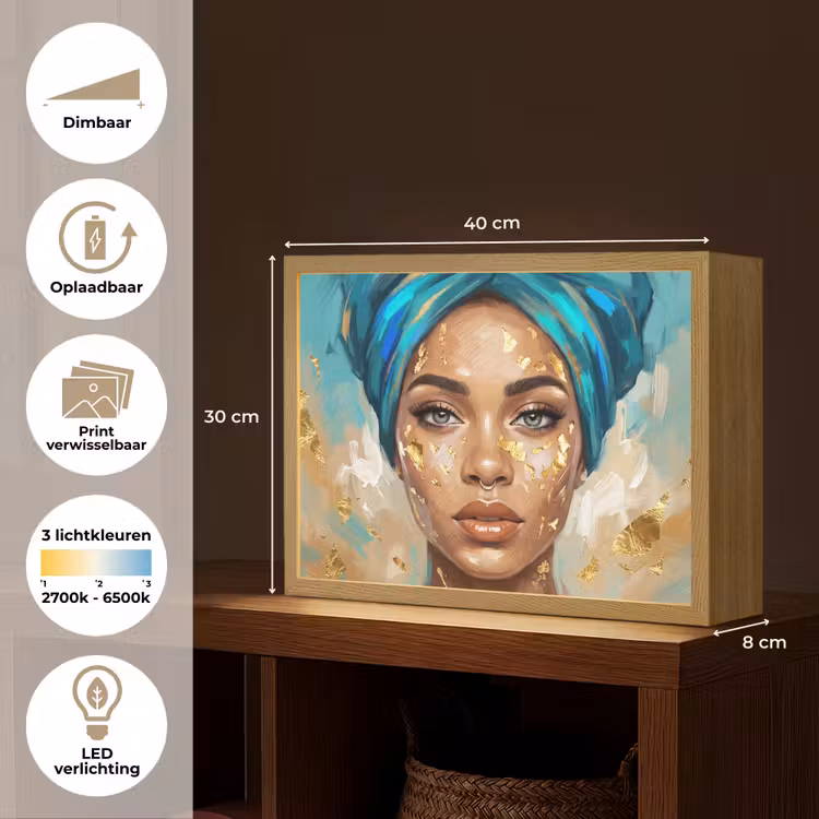Portret - Vrouw - Schilderij - Blauw - Goud - Expressief Light Box met batterij (Wandlamp) middel -USP_websiteoverzichtNL