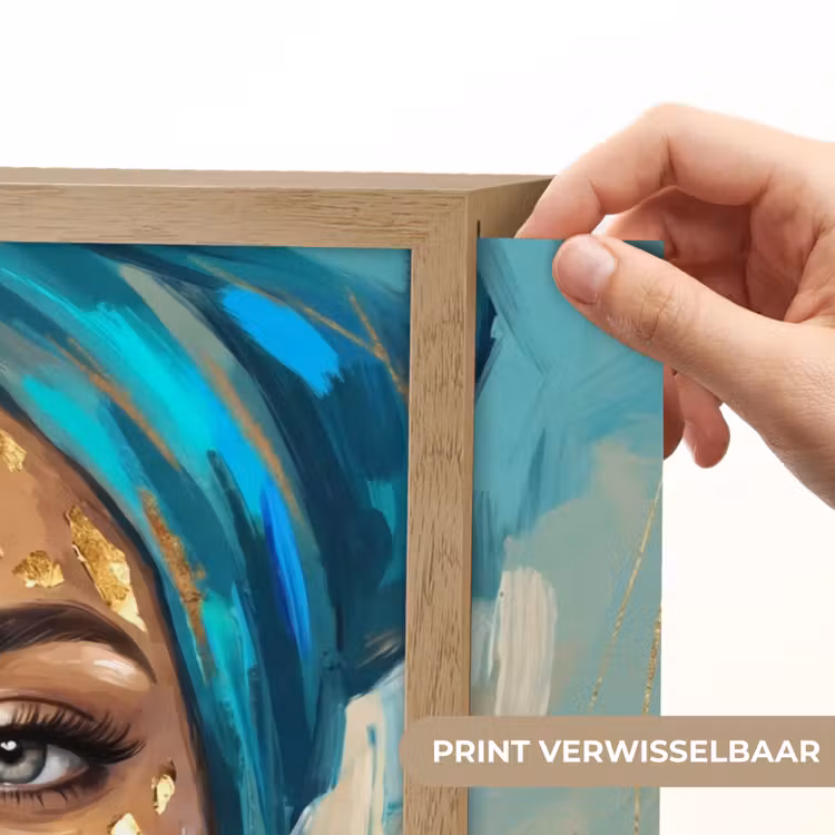 Portret - Vrouw - Schilderij - Blauw - Goud - Expressief Light Box met batterij (Wandlamp) middel -USP_websiteprintNL