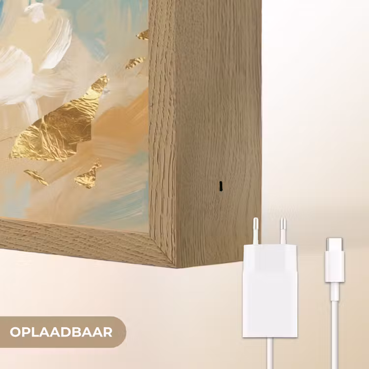 Portret - Vrouw - Schilderij - Blauw - Goud - Expressief Light Box met batterij (Wandlamp) middel -USP_websiteoplaadbaarNL