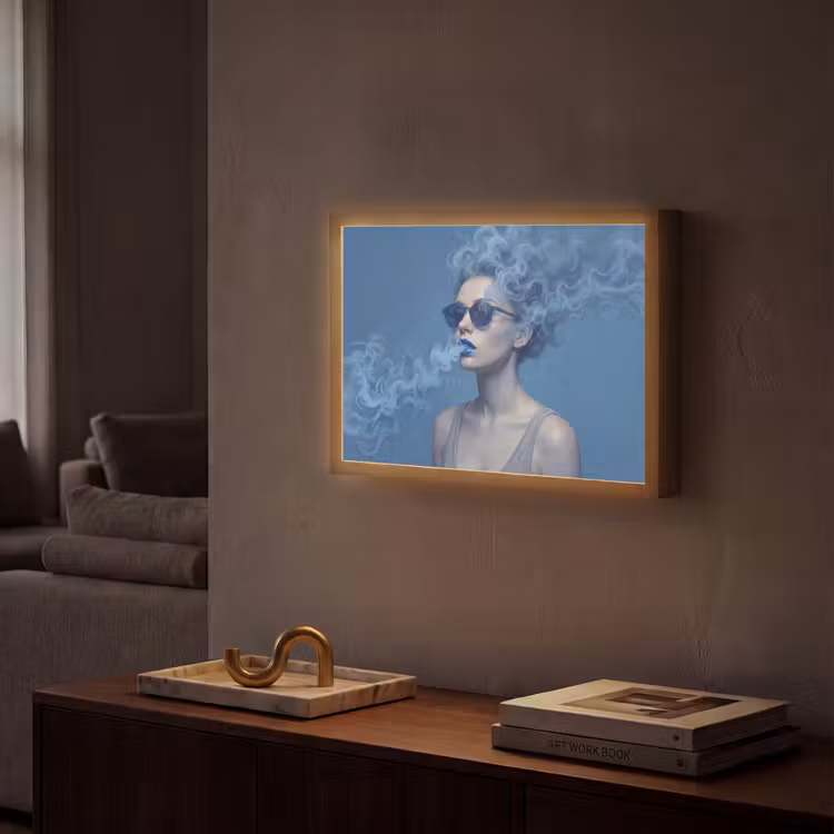 Portret - Zonnebril - Rook - Abstract - Blauw Light Box met batterij (Wandlamp) middel -sfeer1