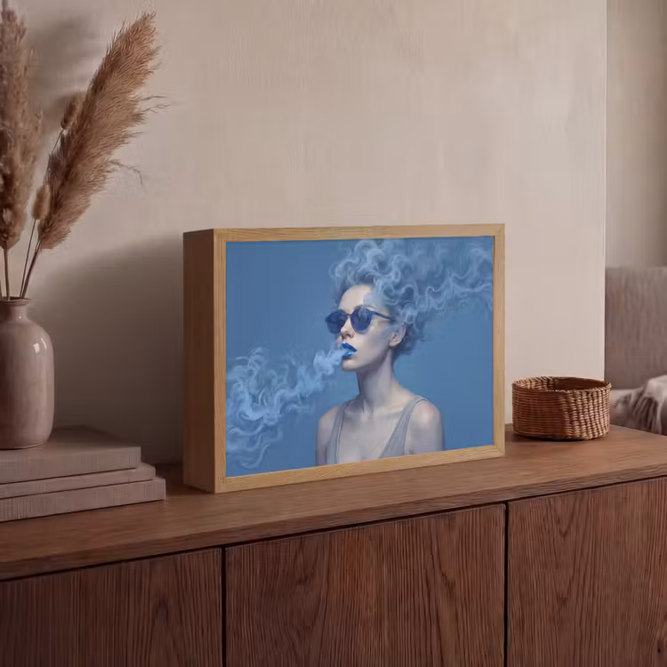 Portret - Zonnebril - Rook - Abstract - Blauw Light Box met batterij (Wandlamp) middel -sfeer2