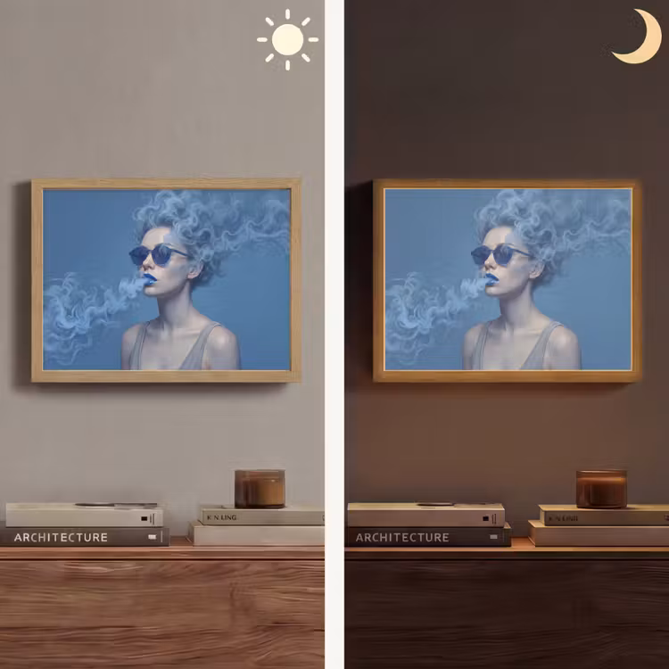 Portret - Zonnebril - Rook - Abstract - Blauw Light Box met batterij (Wandlamp) middel -sfeer3