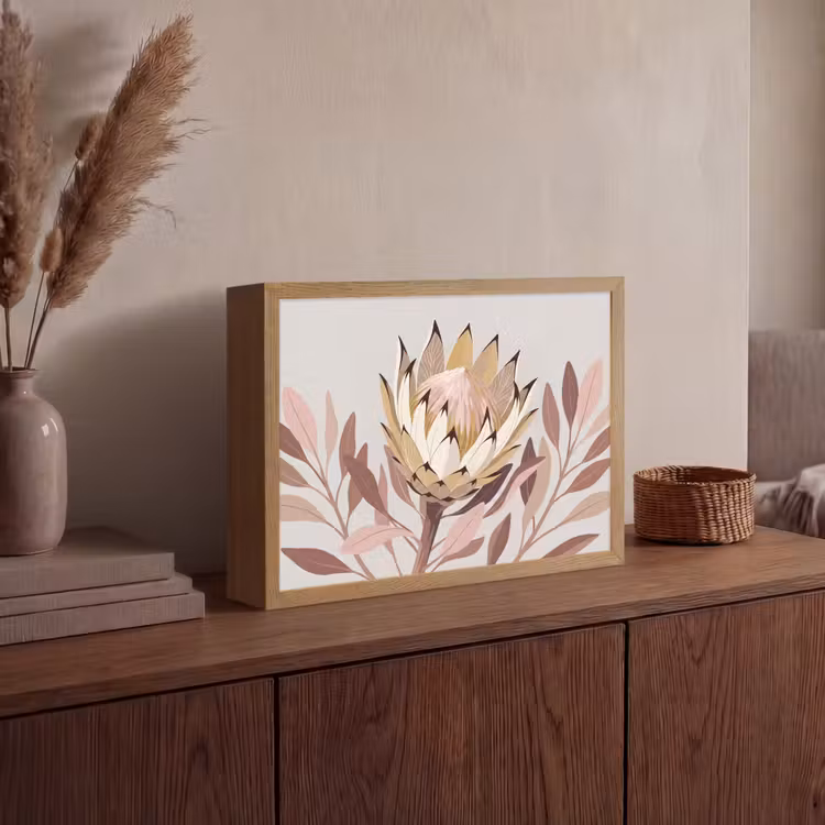 Protea - Bloem - Botanisch - Beige Light Box met batterij (Wandlamp) middel -sfeer2