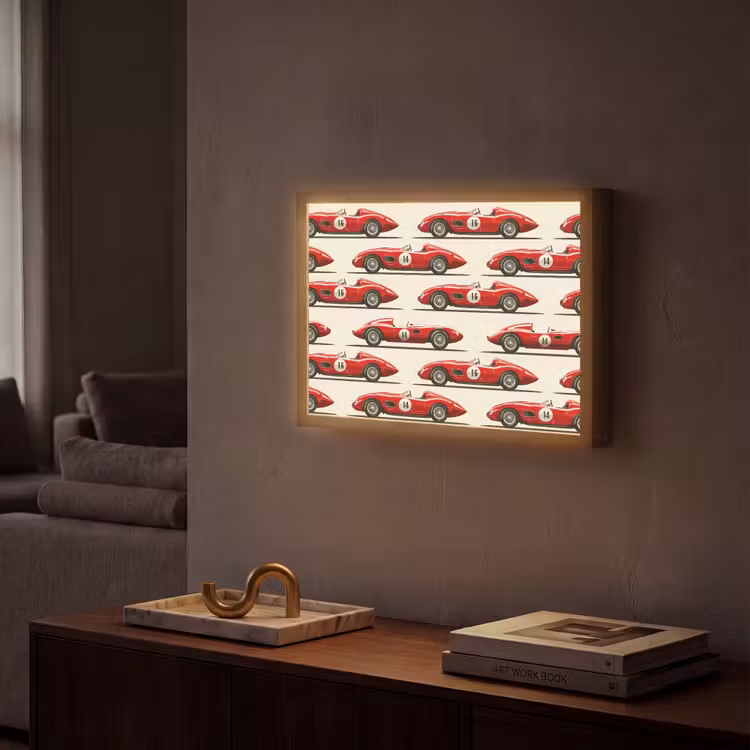 Raceauto - Retro - Rood Light Box met batterij (Wandlamp) middel 907 -sfeer1