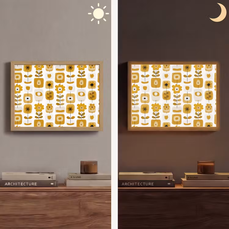 Retro - Abstract - Bloemen - Okergeel Light Box met batterij (Wandlamp) middel 907 -sfeer3