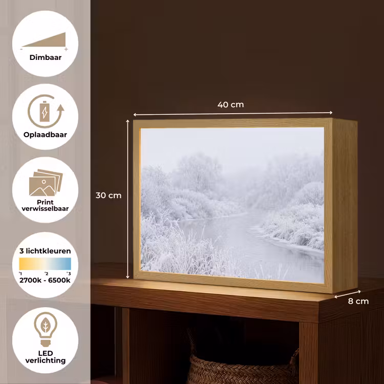 Rivier - Sneeuw - Bos - Winter - Schilderachtig Light Box met batterij (Wandlamp) middel -USP_websiteoverzichtNL
