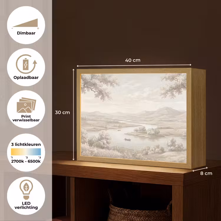 Rivierlandschap - Bergen - Natuur - Vintage - Beige Light Box met batterij (Wandlamp) middel -USP_websiteoverzichtNL