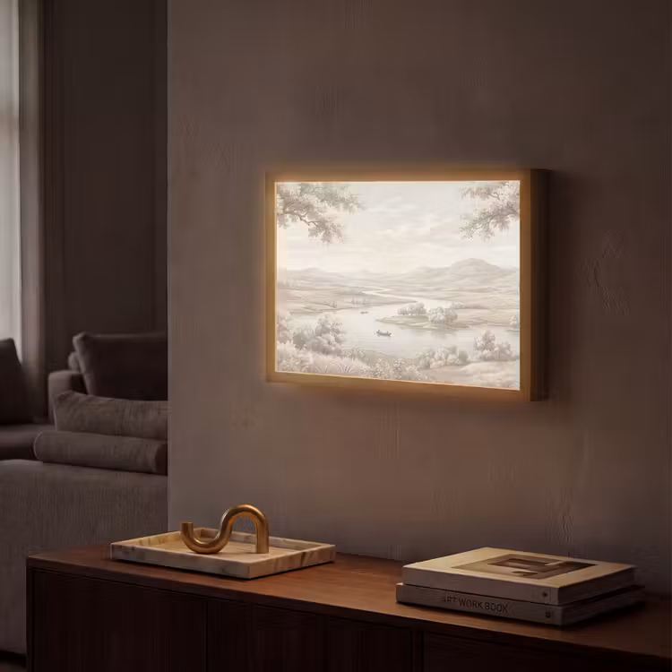 Rivierlandschap - Bergen - Natuur - Vintage - Beige Light Box met batterij (Wandlamp) middel -sfeer1