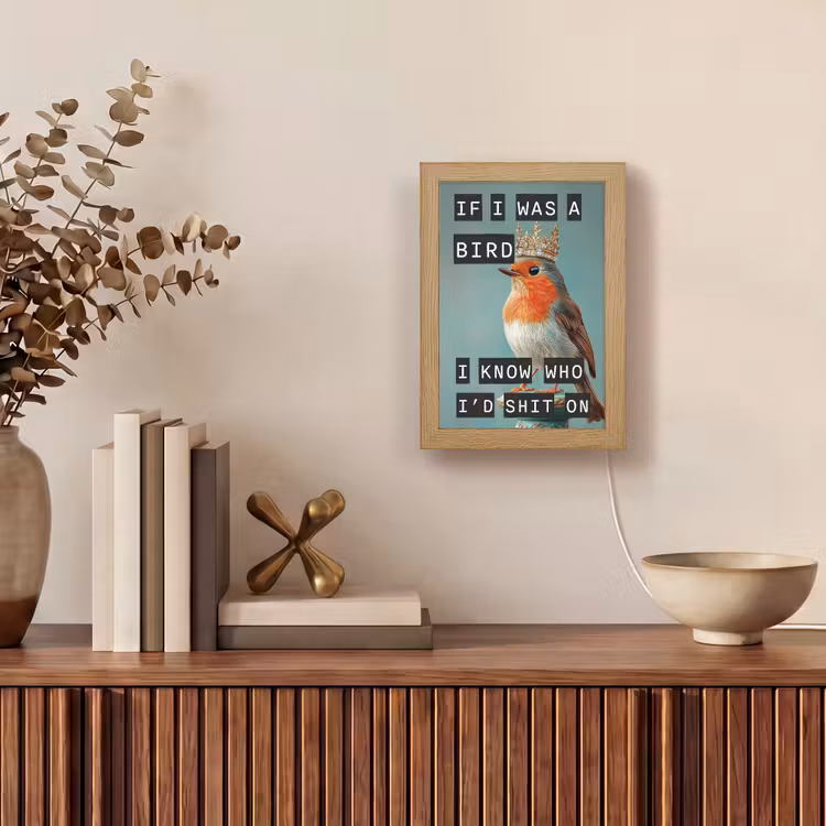 Roodborstje - Vogel - Blauw - Decoratie Light Box met kabel (Wandlamp) klein -sfeer2