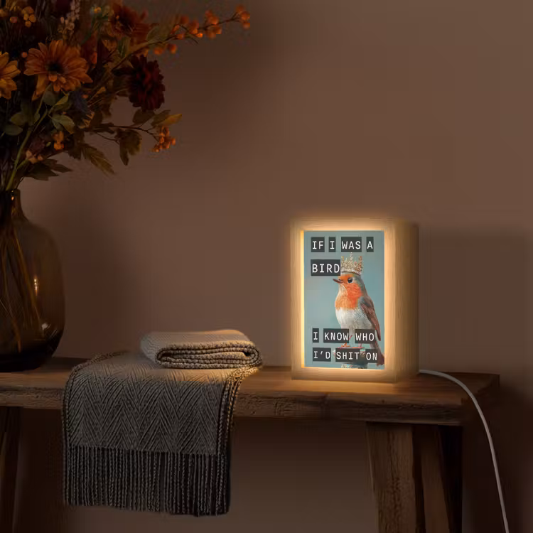 Roodborstje - Vogel - Blauw - Decoratie Light Box met kabel (Wandlamp) klein -sfeer4