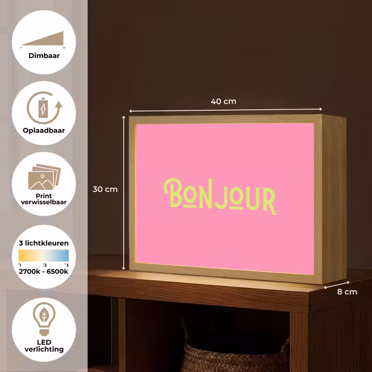 Roze - Groene Bonjour - art-deco Light Box met batterij (Wandlamp) middel -USP_websiteoverzichtNL