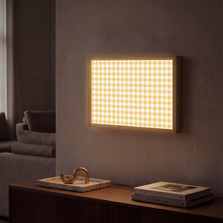 Ruit - Gingham - Klassiek - Geel en Wit Light Box met batterij (Wandlamp) middel 907 -sfeer1