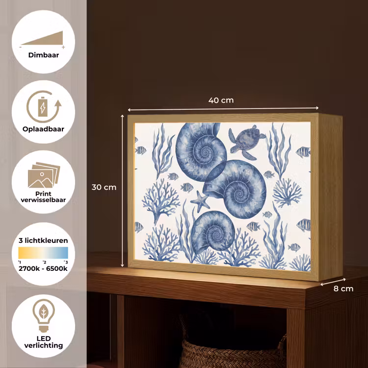 Schelp - Spiraal - Zeeleven - Aquarel - Blauw Light Box met batterij (Wandlamp) middel -USP_websiteoverzichtNL