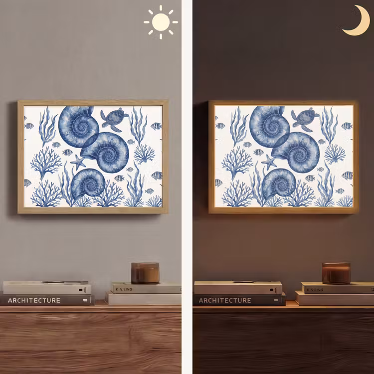 Schelp - Spiraal - Zeeleven - Aquarel - Blauw Light Box met batterij (Wandlamp) middel -sfeer3