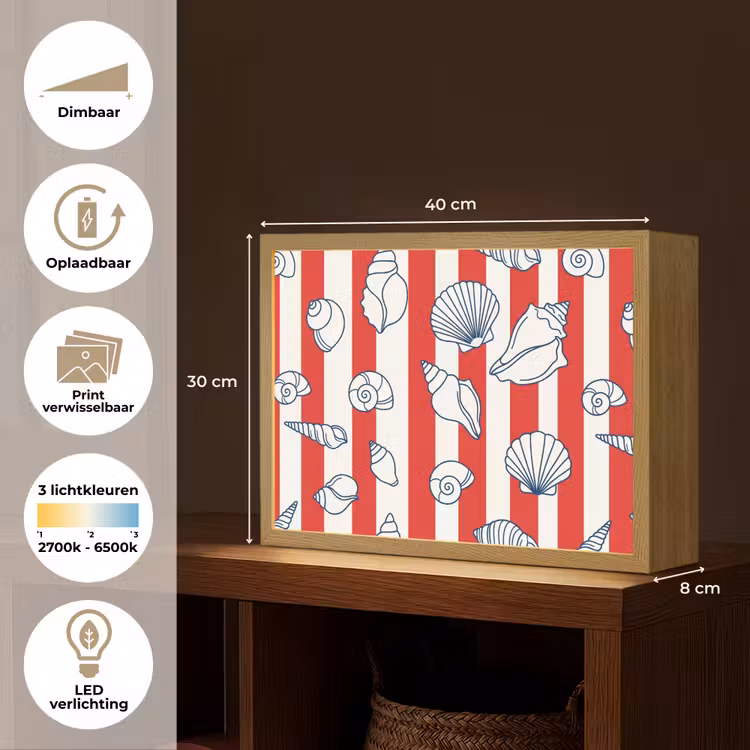 Schelp - Zeedieren - Zomer - Illustratie - Rood - Blauw Light Box met batterij (Wandlamp) middel -USP_websiteoverzichtNL