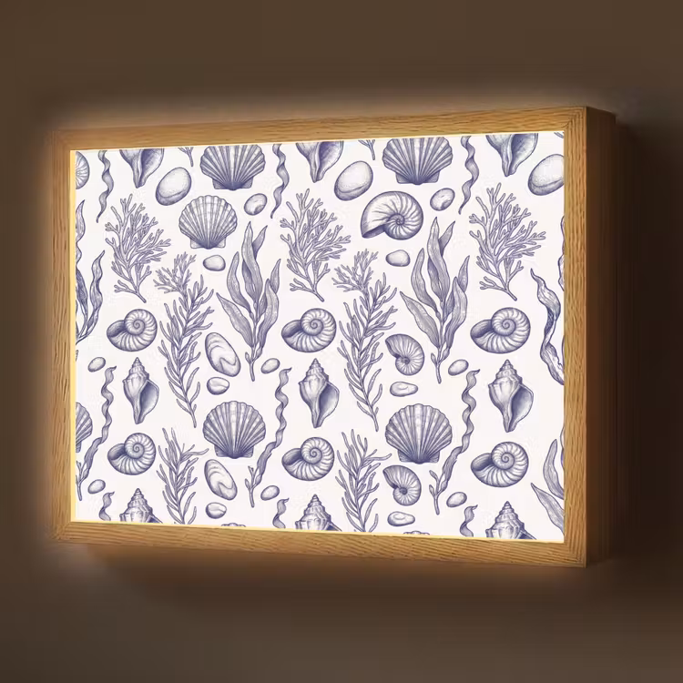 Schelpen - Zeewier - Oceaan - Illustratie - Blauw Light Box met batterij (Wandlamp) middel -z3d_website