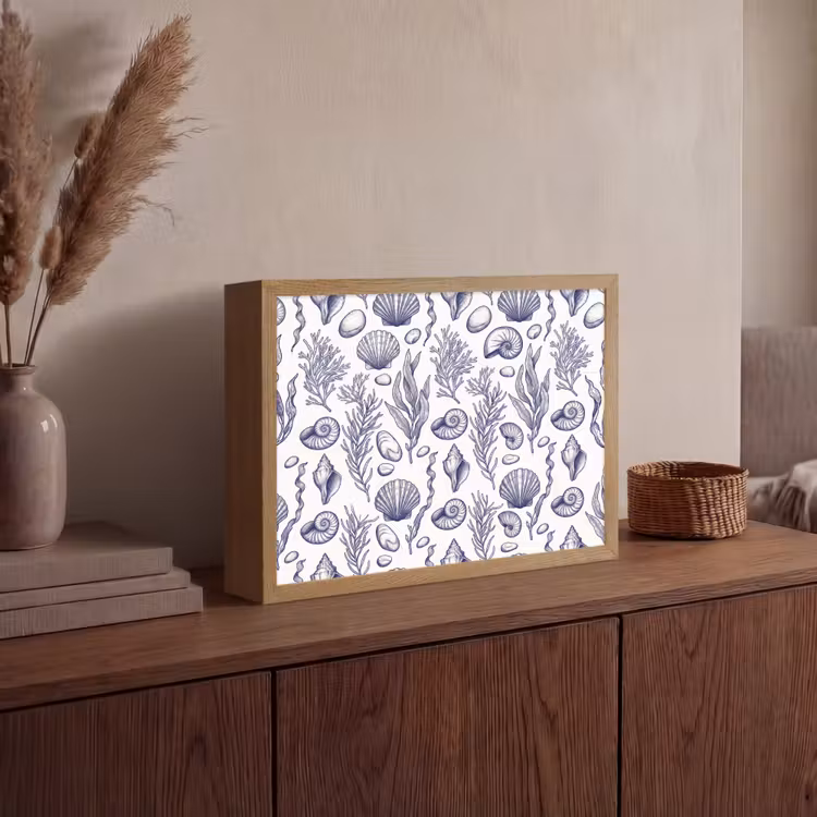Schelpen - Zeewier - Oceaan - Illustratie - Blauw Light Box met batterij (Wandlamp) middel -sfeer2