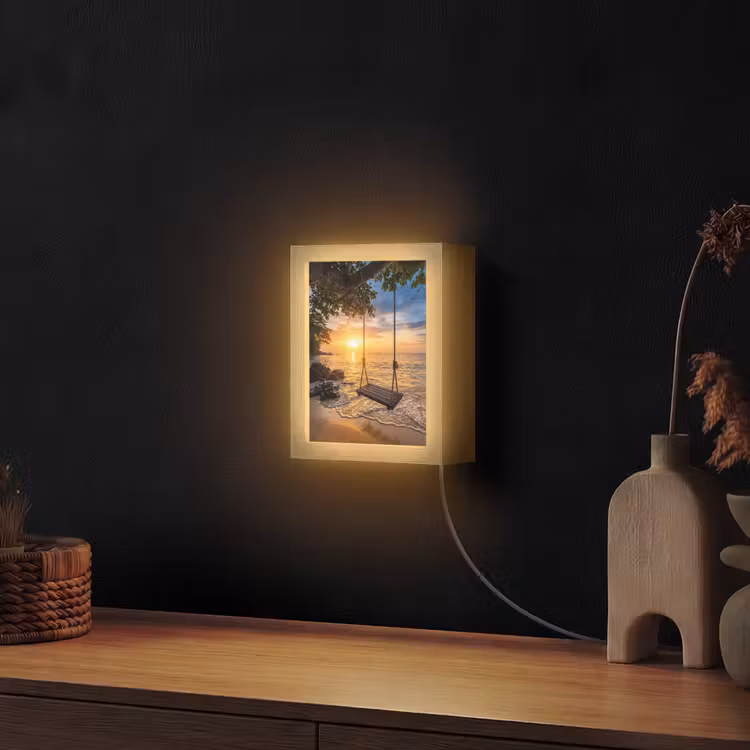 Schommel - Strand - Zonsondergang - Natuur - Oranje Light Box met kabel (Wandlamp) klein -sfeer1