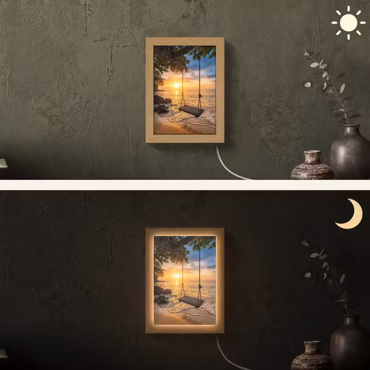 Schommel - Strand - Zonsondergang - Natuur - Oranje Light Box met kabel (Wandlamp) klein -sfeer3