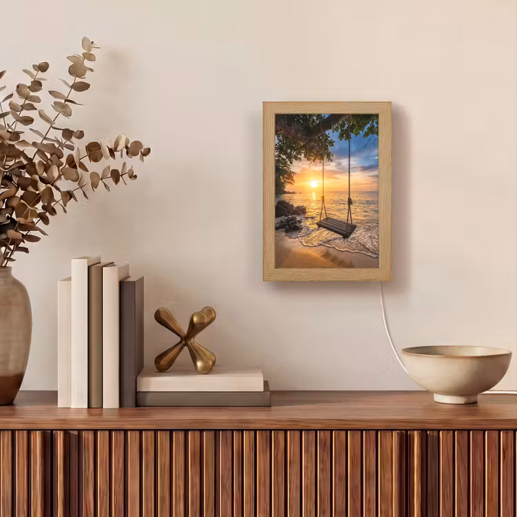 Schommel - Strand - Zonsondergang - Natuur - Oranje Light Box met kabel (Wandlamp) klein -sfeer2