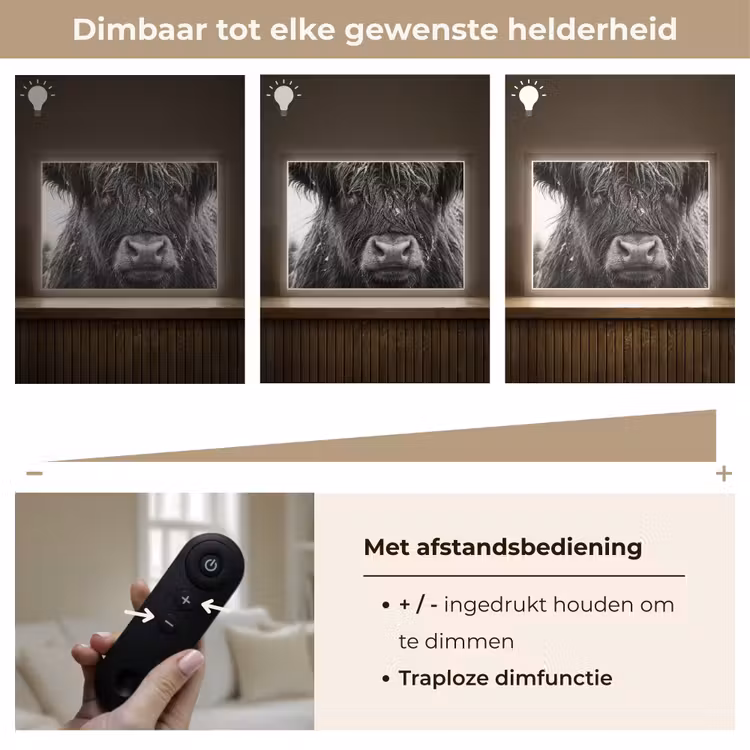 Schotse hooglander - Zwart - Wit - Sneeuwvlokken Light Box met batterij (Wandlamp) middel -USP_dimbaarNL