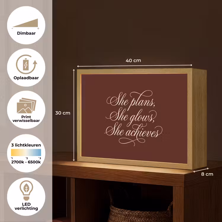 She plans she glows she achieves - Rood - Cursief Light Box met batterij (Wandlamp) middel -USP_websiteoverzichtNL