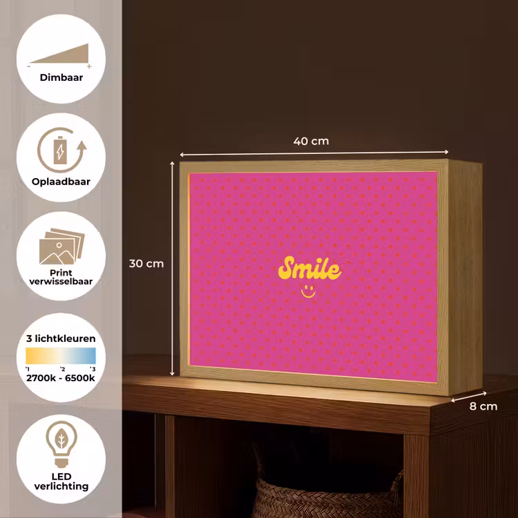 Smile - Stippen - Geel - Smiley - Roze Light Box met batterij (Wandlamp) middel -USP_websiteoverzichtNL