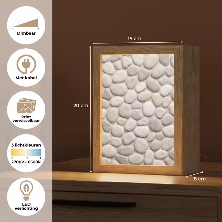 Steen - Kiezel - Natuur - Minimalistisch - Beige Light Box met kabel (Wandlamp) klein -USP_websiteoverzichtNL
