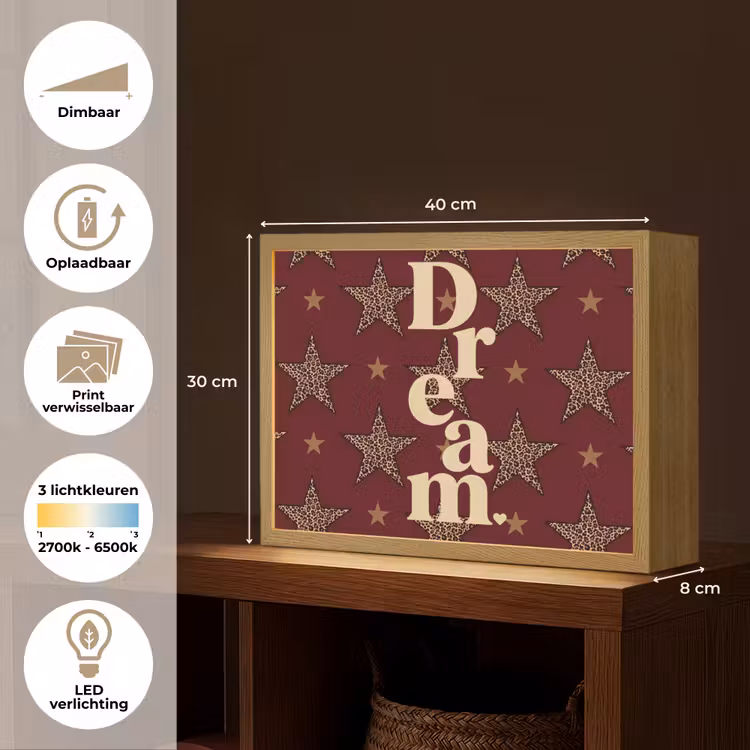 Sterren - Luipaardprint - Dream - Bordeaux Light Box met batterij (Wandlamp) middel -USP_websiteoverzichtNL